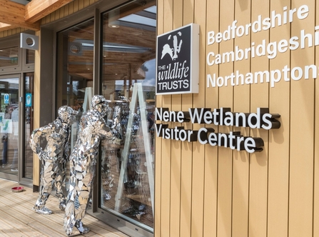 Two sculpture men peer in through windows at Nene wetlands visitor centre, The Wildlife Trusts