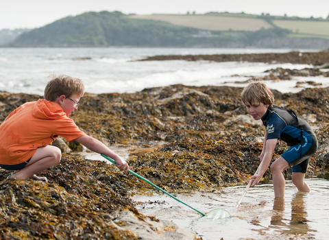 Young boys rock pooling with nets, The Wildlife Trusts