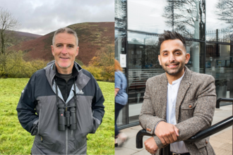 Iolo Williams and Dr Amir Khan smiling at the camera. Amir is in front of a building. Iolo is in front of a hilly landscape.