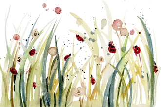 Watercolour ladybirds crawling on stems of grass - painted by Inga Buividavice