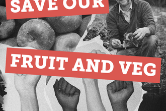 Apples, a farmer and fists pumped in the air behind a banner of "save our fruit and veg" 