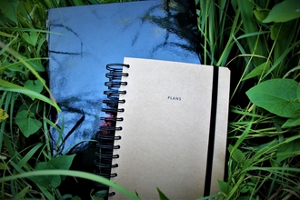 Notebooks lying on the grass.