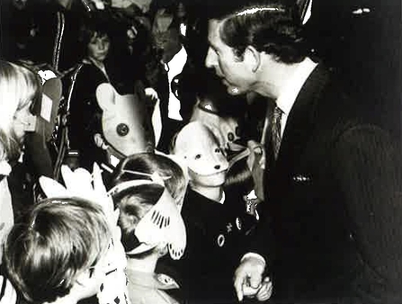 His Majesty King Charles III speaks to young Watch members at the launch of the British Wildlife Appeal, 1985