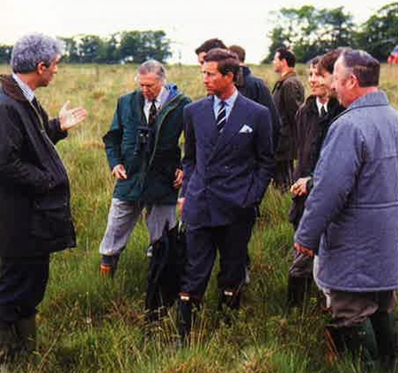 Paul Gompertz, Director of Devon Wildlife Trust (left), with Sir David Attenborough and His Majesty King Charles III on a Culm grassland site, 1992