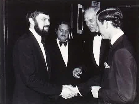 His Majesty King Charles III at the royal premiere of 1978 film Watership Down. L-R Tim Sands, Gren Lucas and Christopher Cadbury