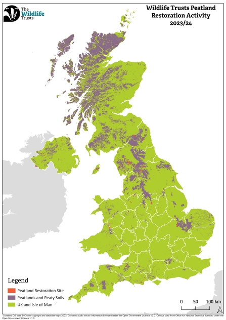 A UK map with peatland restoration work undertaken by The Wildlife Trusts marked on it