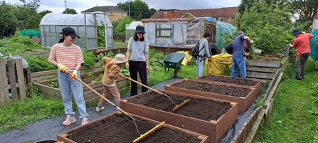 Adults and children build raised beds in a community garden. 