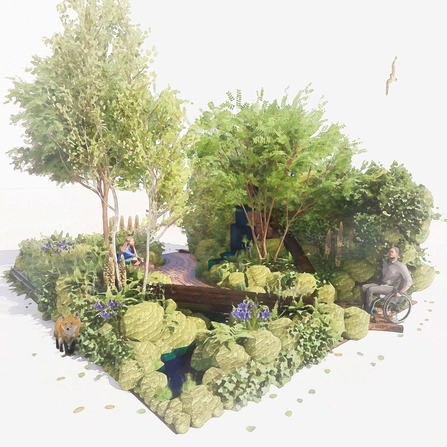 Computer generated graphic depicting The Wildlife Trusts' British Rainforest Garden coming to RHS Chelsea 2025, including several tall trees, a walkway with a wheelchair user at one end and another visitor sitting on a log just off the path. Also includes a small waterfall and mossy boulders around the edges.