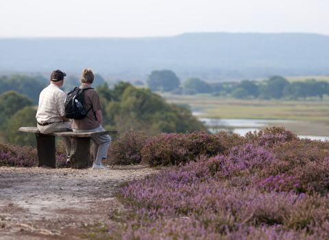 Retired couple sitting on bench enjoying the view